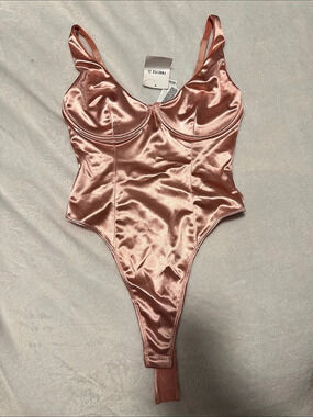 Forever 21 Peachy Cheeks Satin Bodysuit Pink Medium
